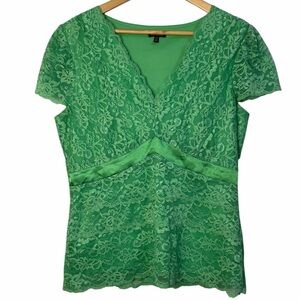 Le Château Green Lace Blouse Satin Waist Detail Stretch Top XL
